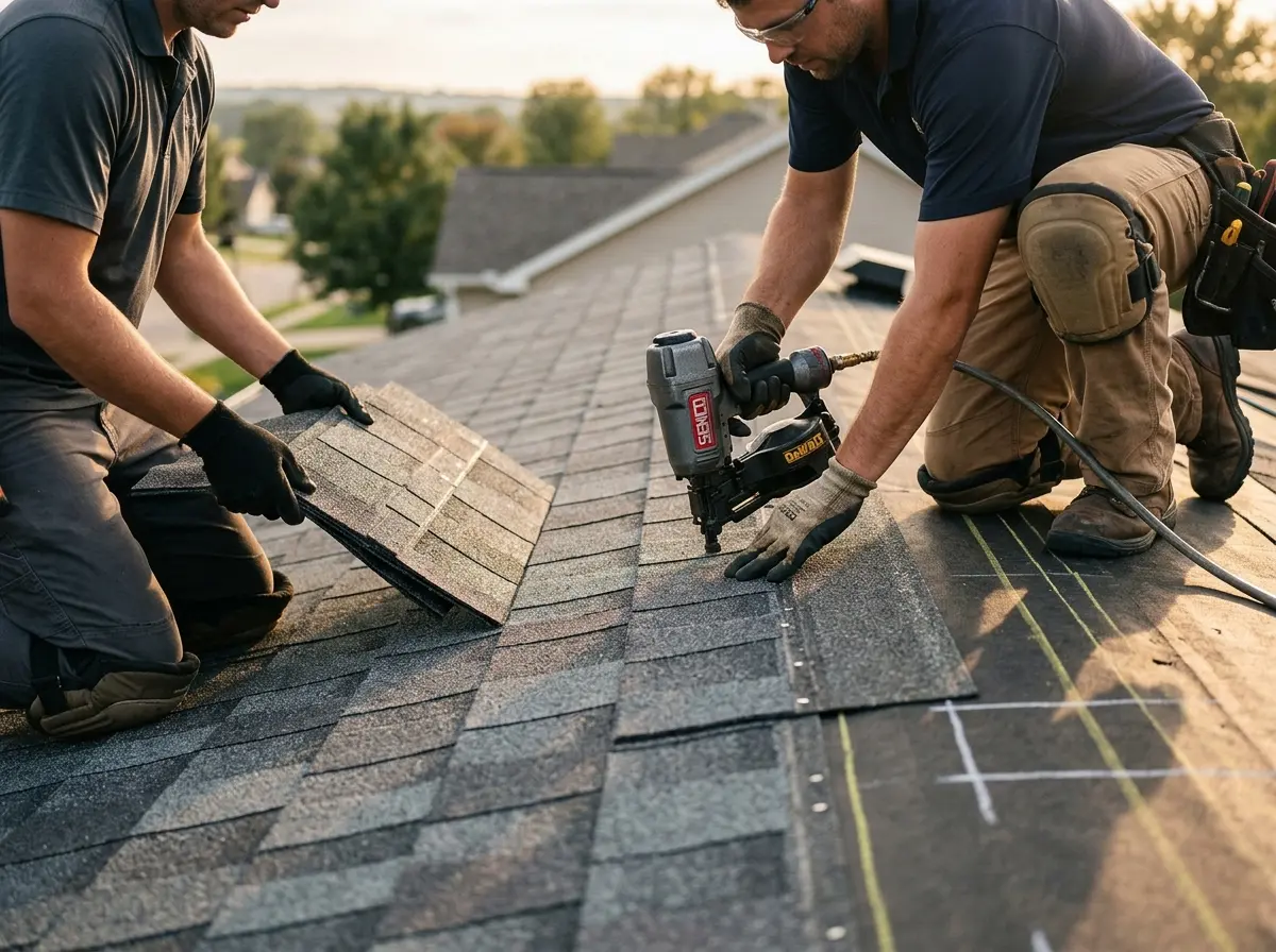 Professional roofer working on a residential roof in Burke